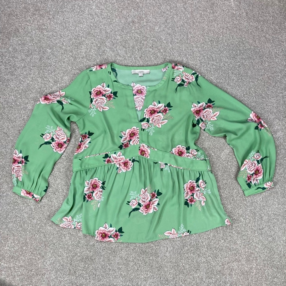 LOFT Floral Empire Waist Peplum Blouse Womens S Green Oversized Cottagecore Chic